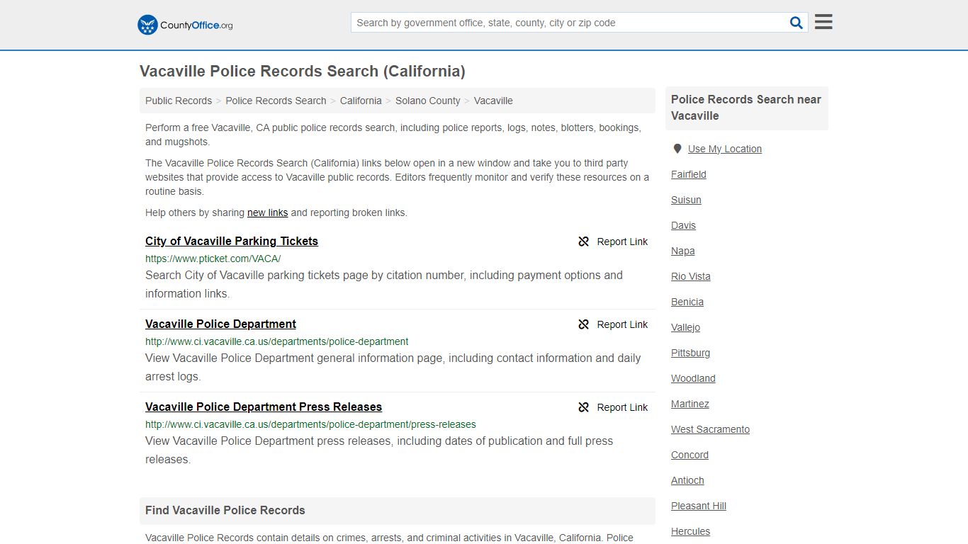 Vacaville Police Records Search (California) - County Office