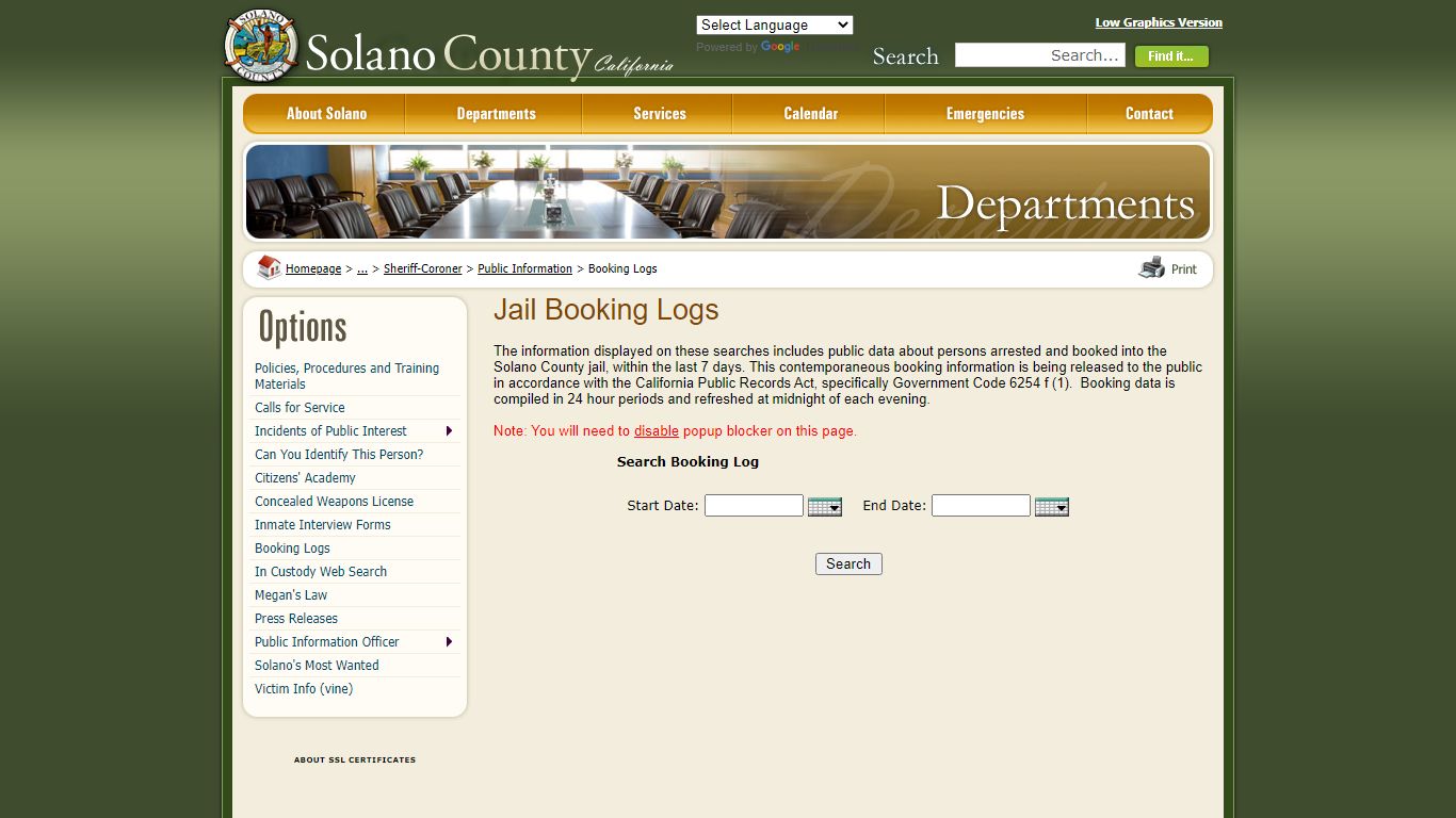 Solano County - Booking Logs